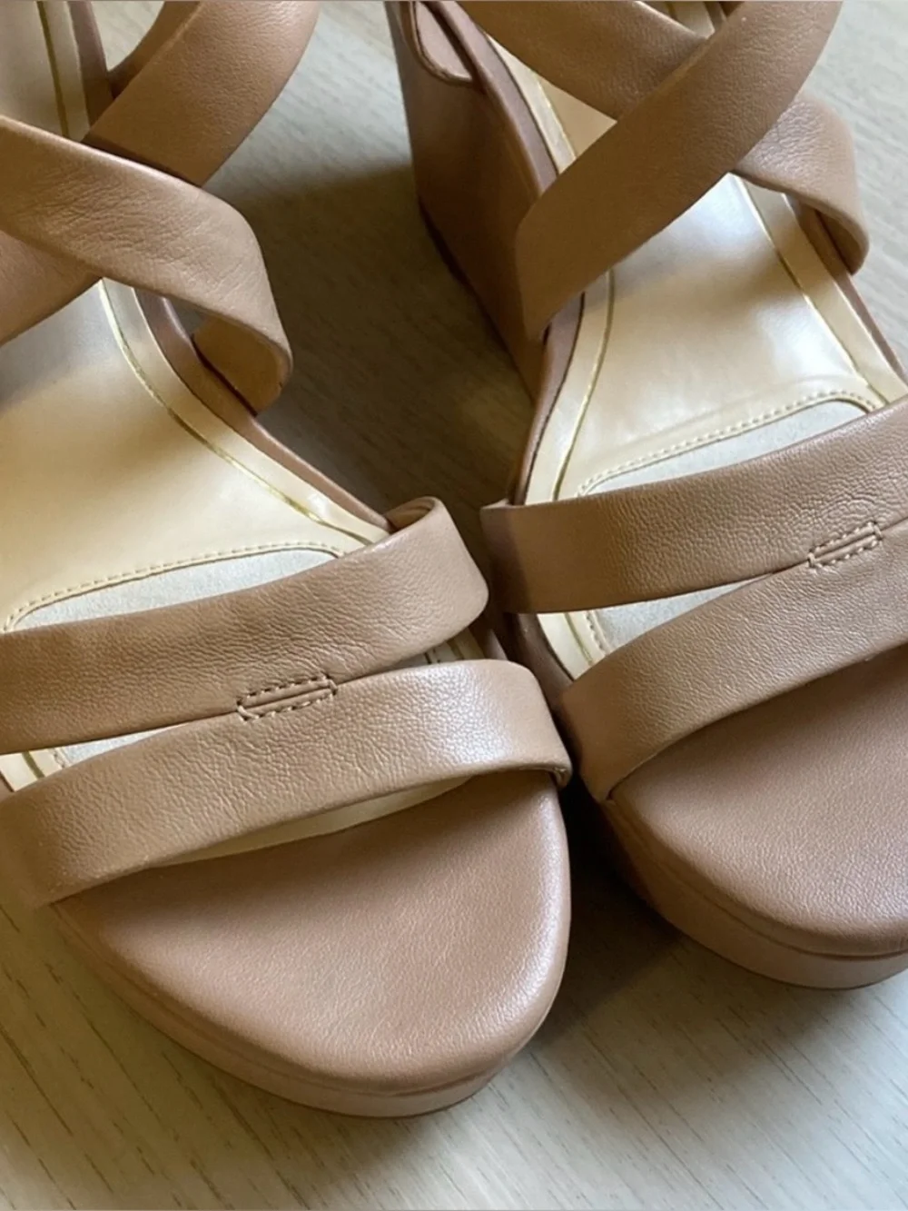 Alex Marie Nude/Tan Crisscross Wedge Sandals with Buckle, Women’s Size 9